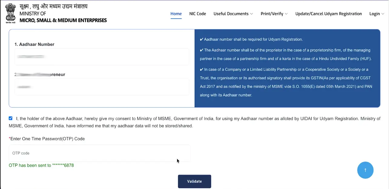 Enter Aadhaar OTP Number